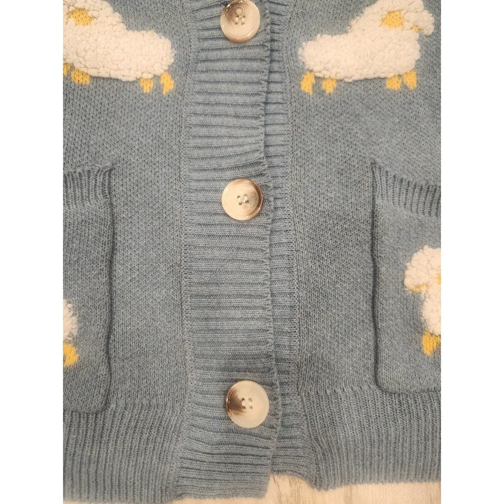 Blue & White Cardigan V-Neck Knit Sweater Sheep Motif Cottagecore Size Med/Large